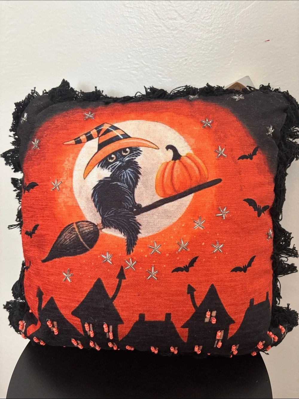 Halloween Witch Cat Decorative Pillow - Orange & Black- brand new